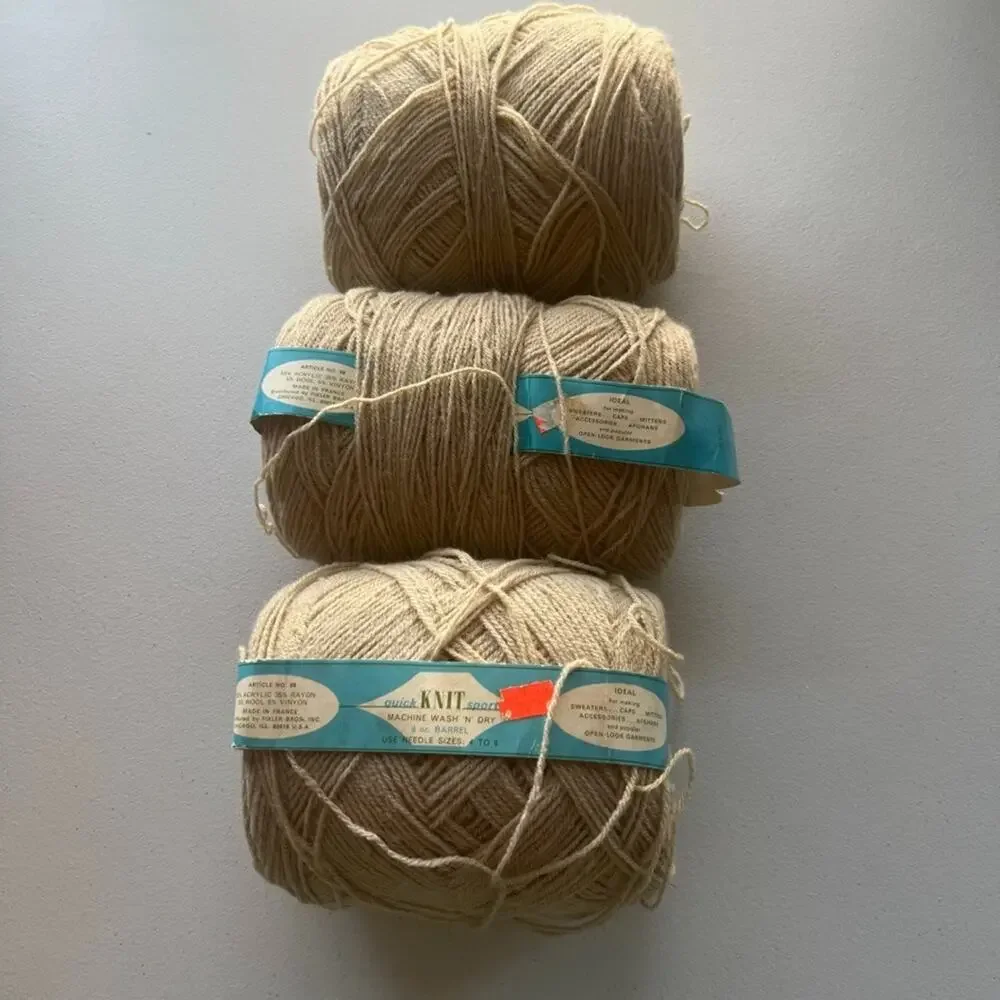 Vintage Quick Knit Sport Yarn Barrels Beige Color Lot Of 3